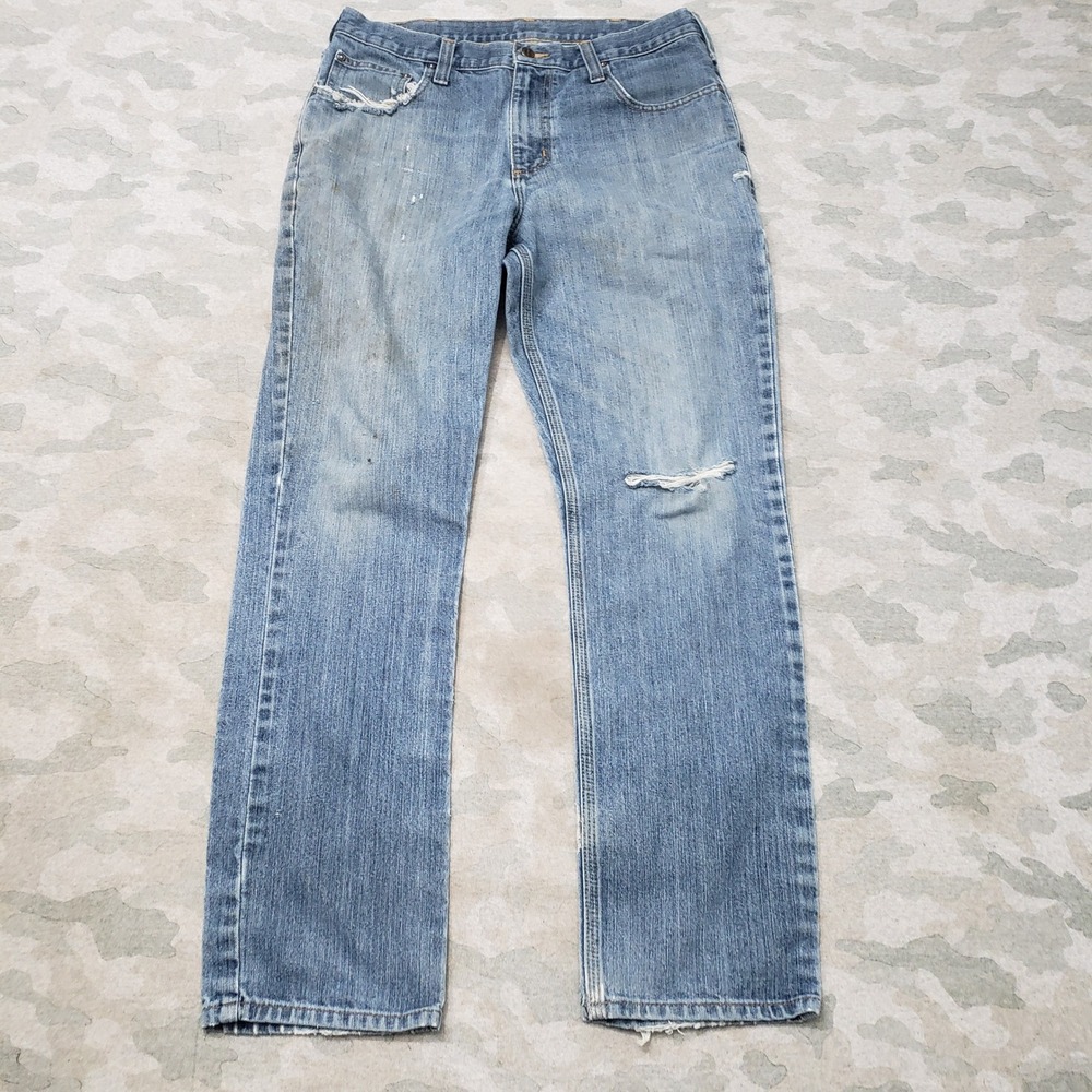 Carhartt Jeans Mens 33x32 Blue Straight Distressed Denim Medium Wash Workwear